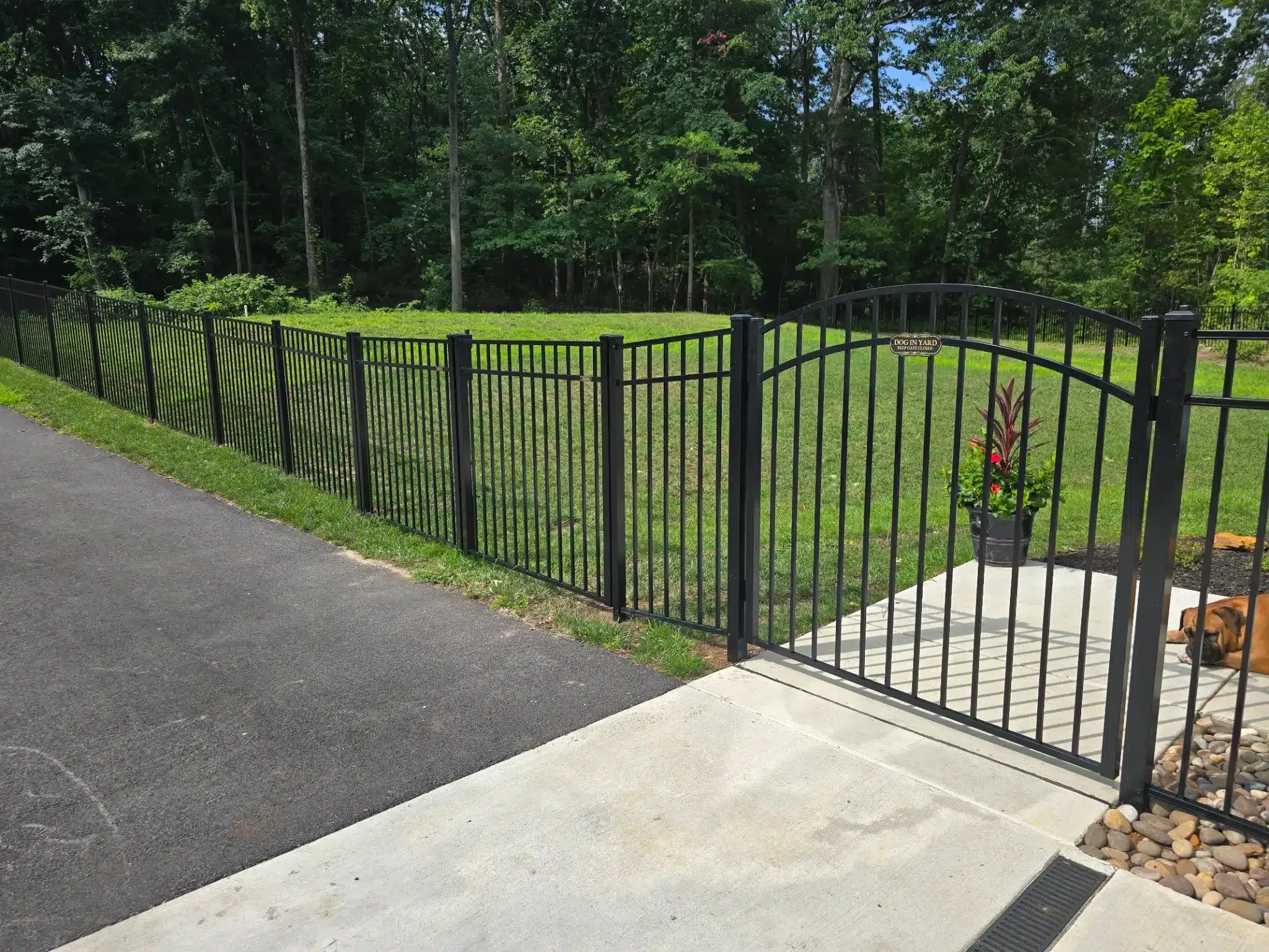 Black aluminum fence with an arched entry gate enclosing a residential yard in Pasadena, MD.