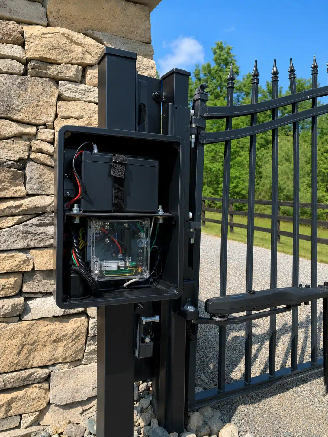 Automated gate control box and operator installed beside a black metal driveway gate in Severna Park.