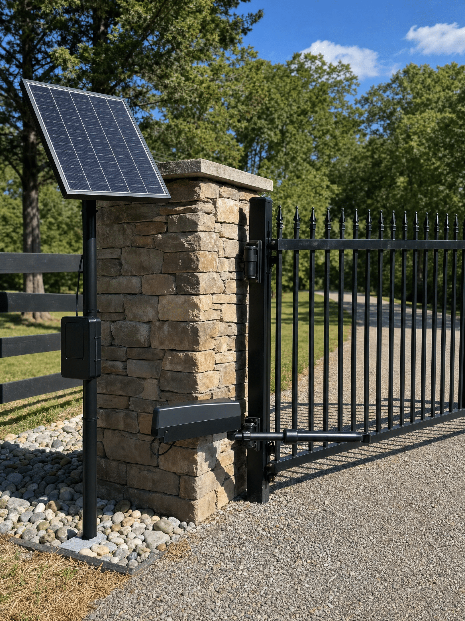 Solar powered automated swing gate with black metal fencing and stone pillar in Severna Park.