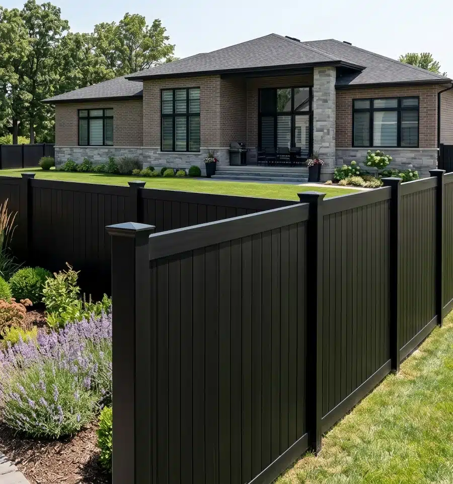 Black vinyl fence with full solid panels in a modern suburban backyard