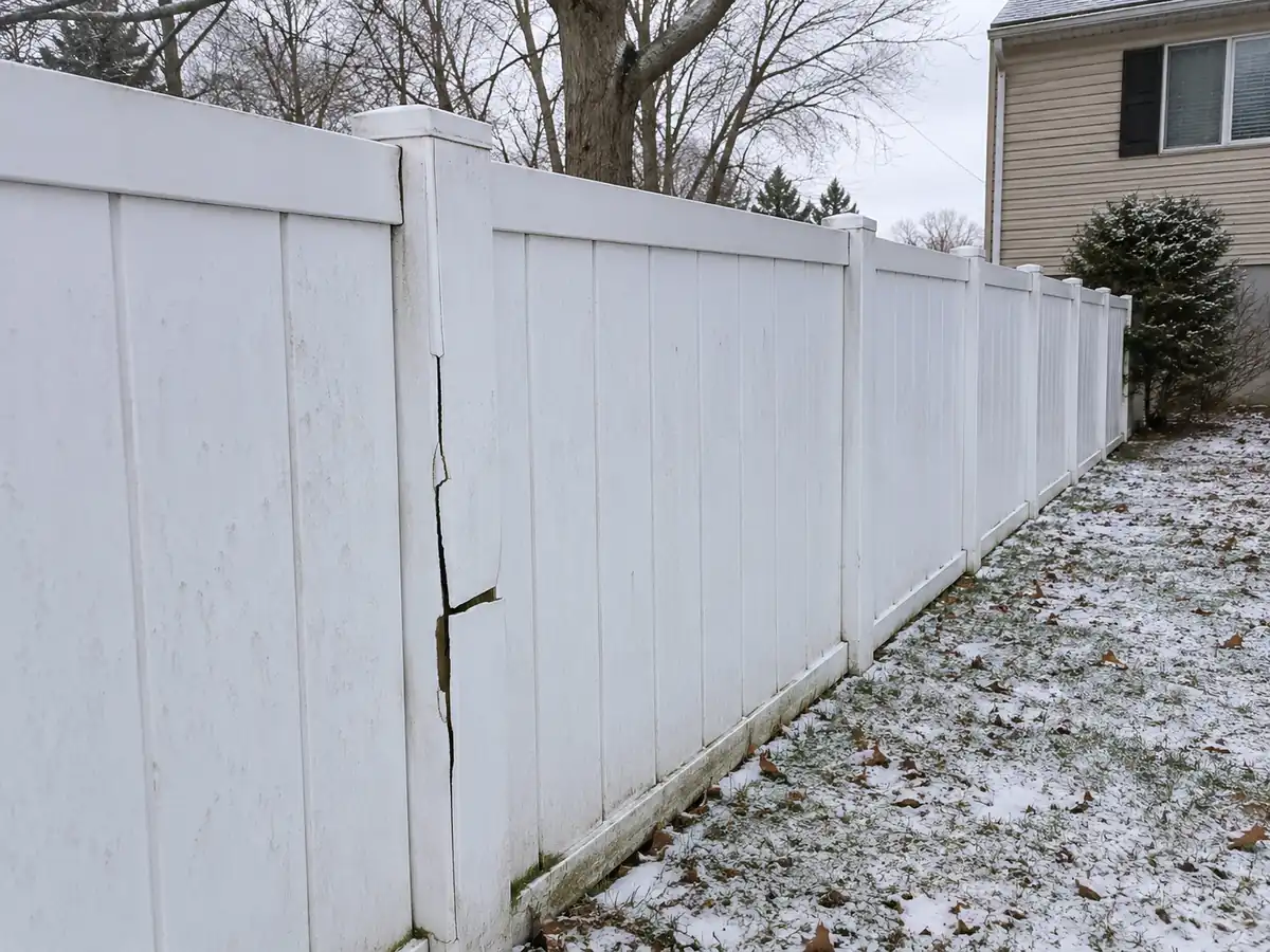 Cracked white vinyl fence panel in a Maryland yard during cold winter weather