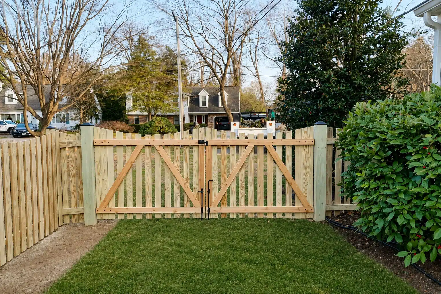 Custom wood double swing gate installed in a backyard in Severna Park, MD.
