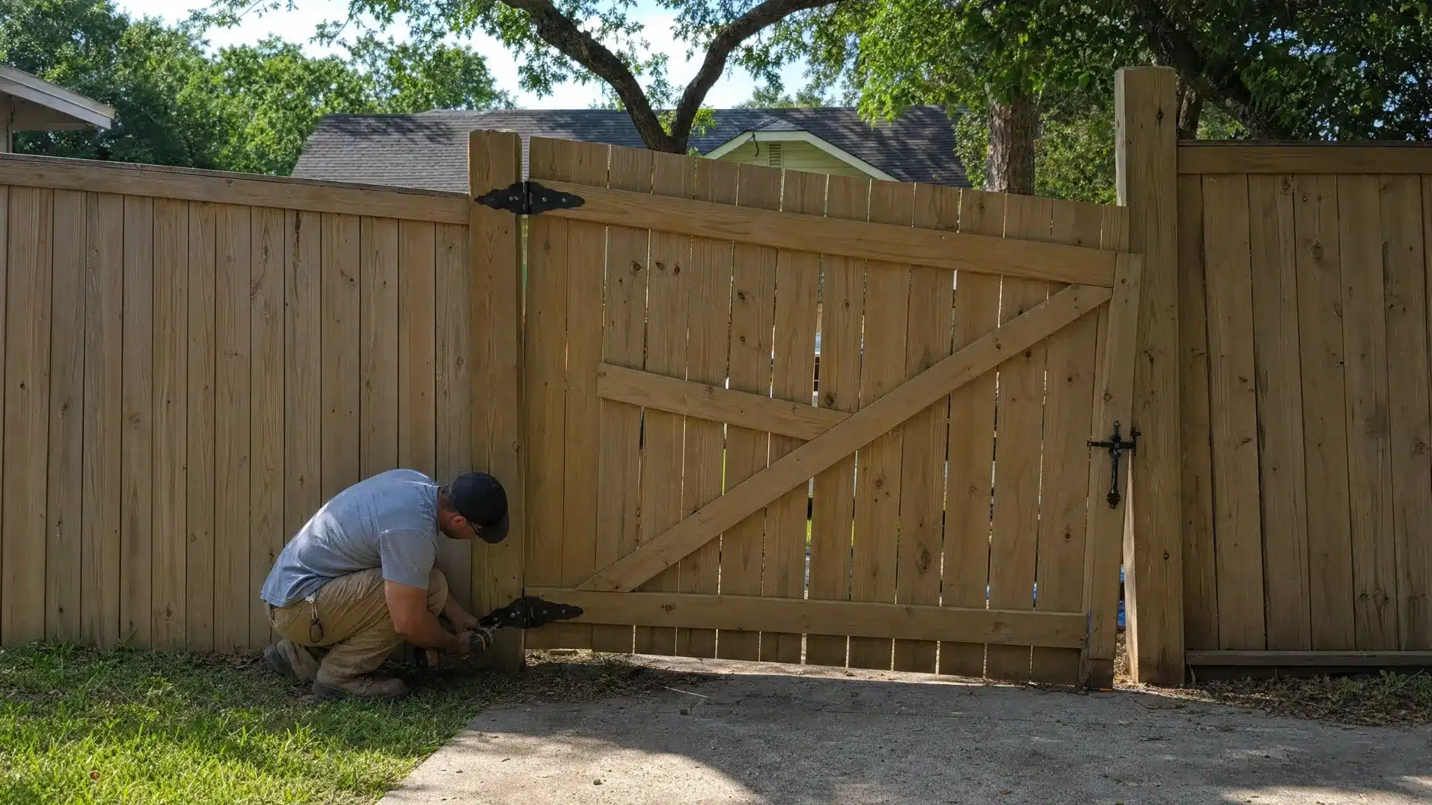 Wood fence gate being repaired and realigned in Severna Park, MD.