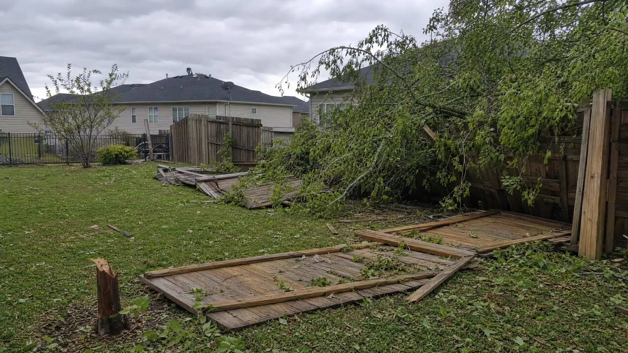 Collapsed wood fence panels and fallen tree branches showing storm damage in a Glen Burnie backyard.
