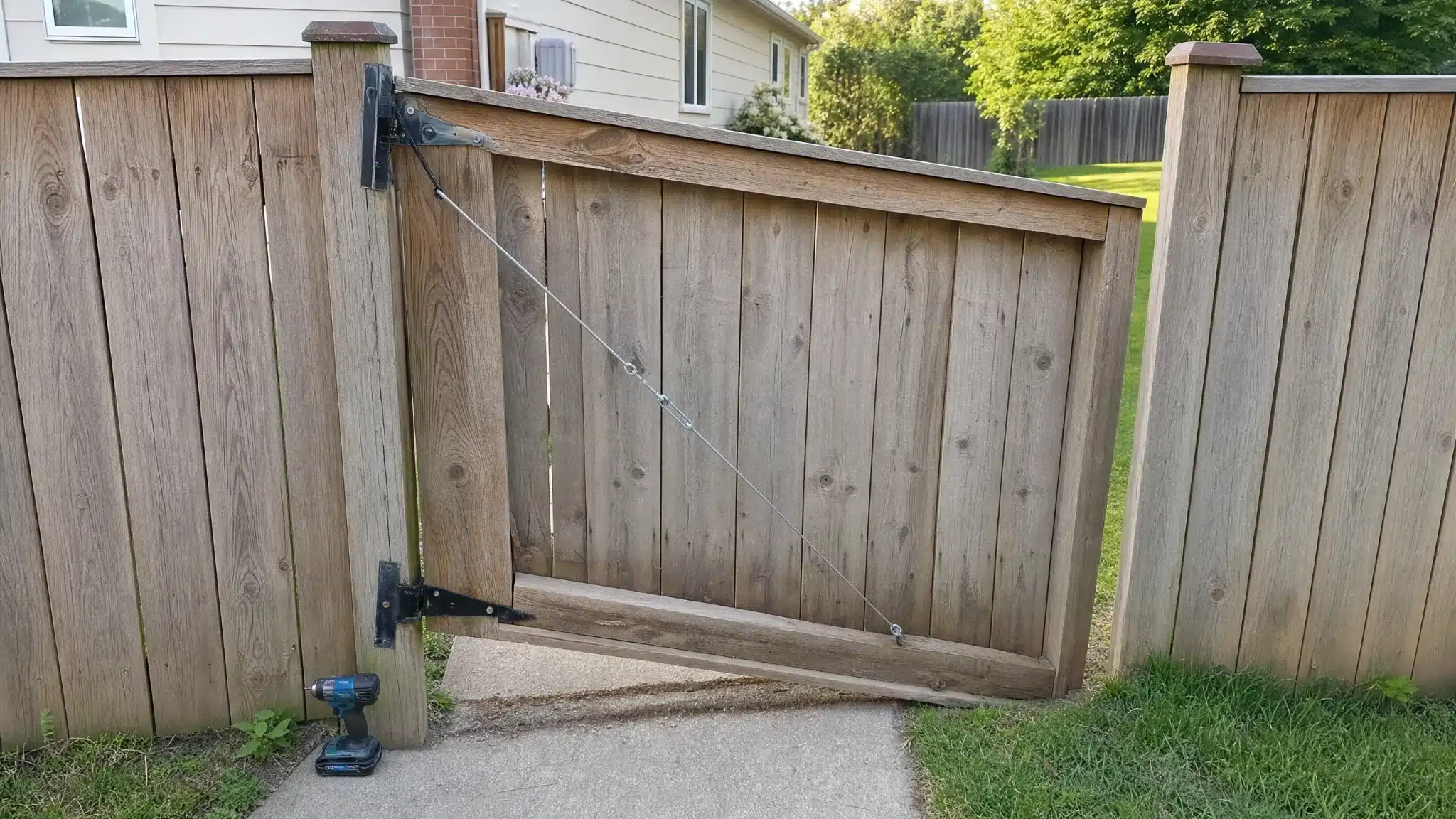Sagging wood fence gate with loose alignment and support hardware in Glen Burnie.