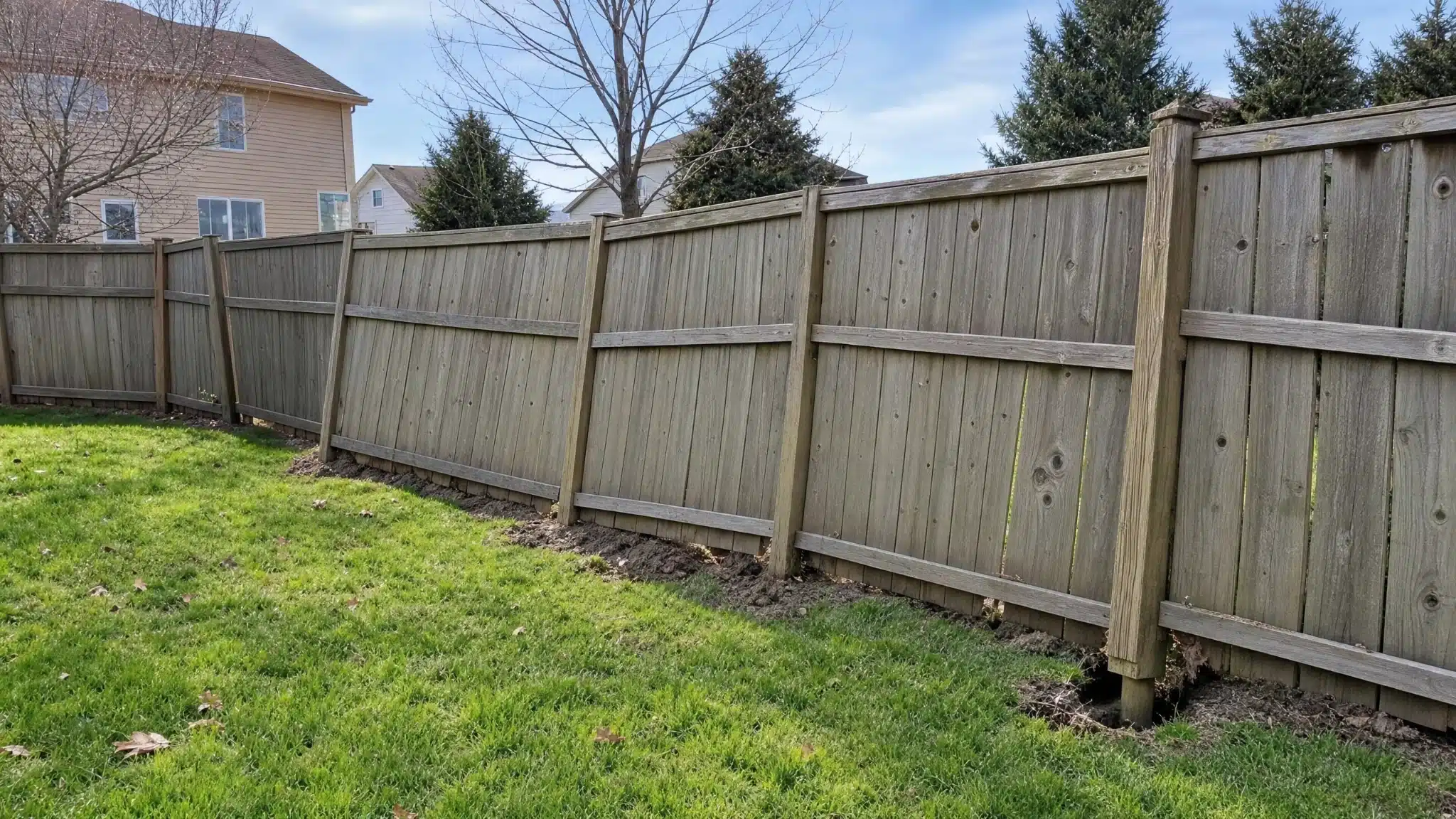 Leaning wood privacy fence sections caused by shifting or heaved fence posts in Glen Burnie.