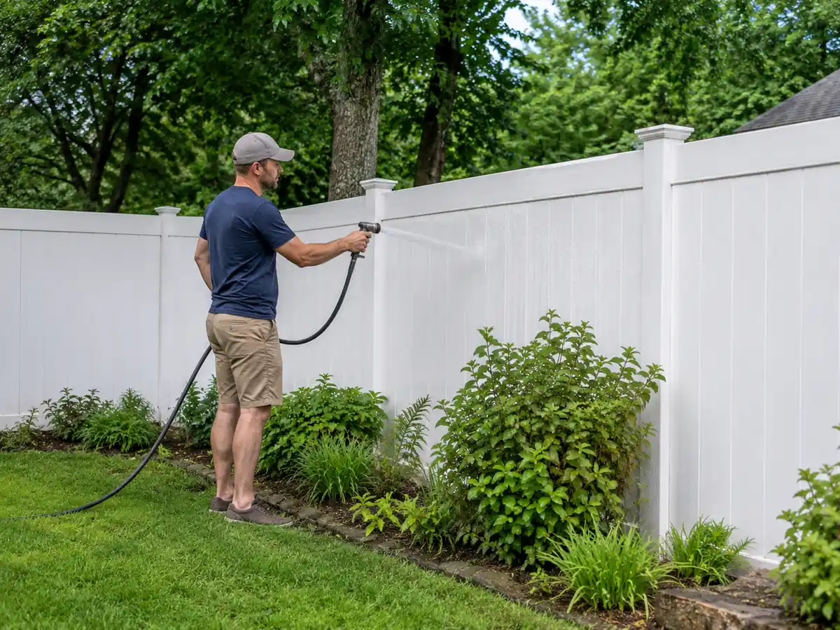 Homeowner rinsing a white vinyl fence in a Maryland backyard to show low maintenance care