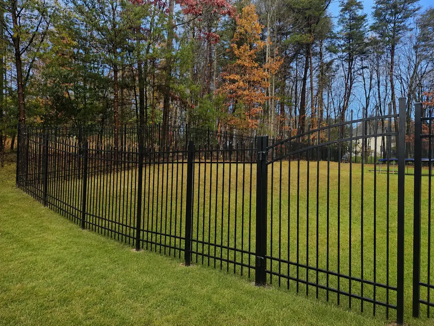 Black puppy picket aluminum fence enclosing a residential backyard in Severna Park, Maryland.