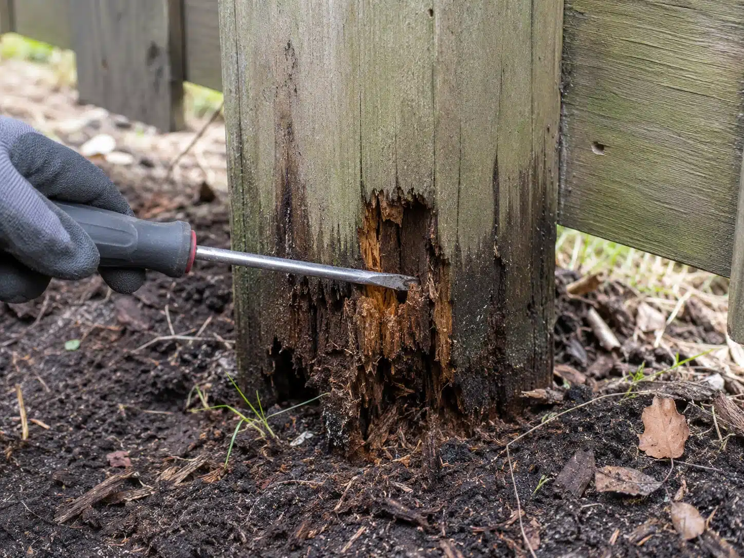 Close-up of a screwdriver pressed into a rotting wooden fence post in Pasadena, MD to check for softwood damage.