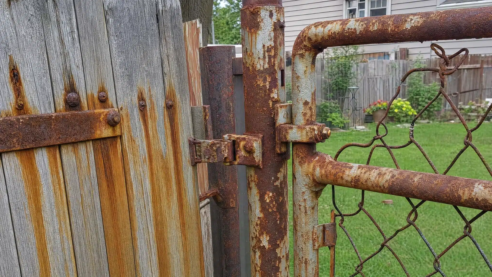 Rusted chain-link gate hardware and corrosion stains on an aging wood fence in Glen Burnie.