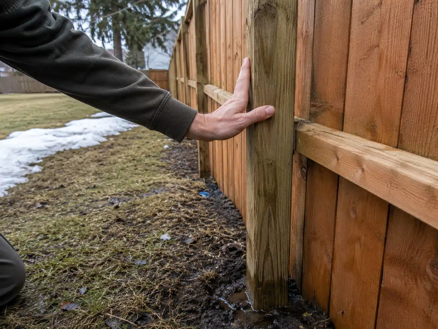 Hand pushing on a wooden fence post during a spring fence inspection in Pasadena, MD to check stability.