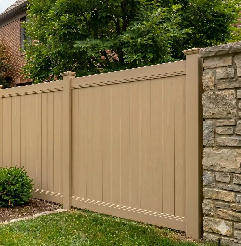 Tan almond vinyl fence with solid panels installed along a suburban backyard
