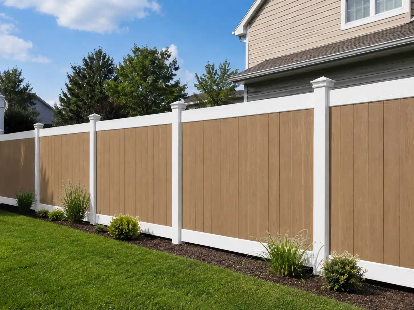Two-tone vinyl fence with a white frame and woodgrain-style interior panels