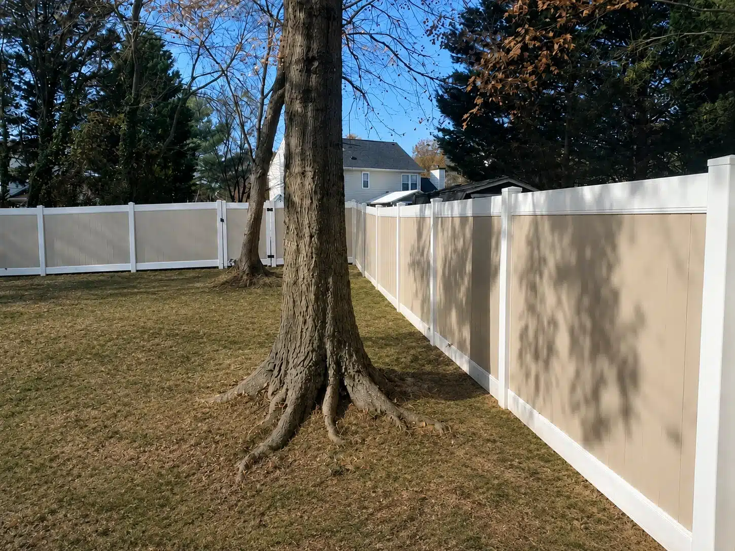 Two-tone tan and white vinyl privacy fence around a tree-lined backyard in Odenton, MD.