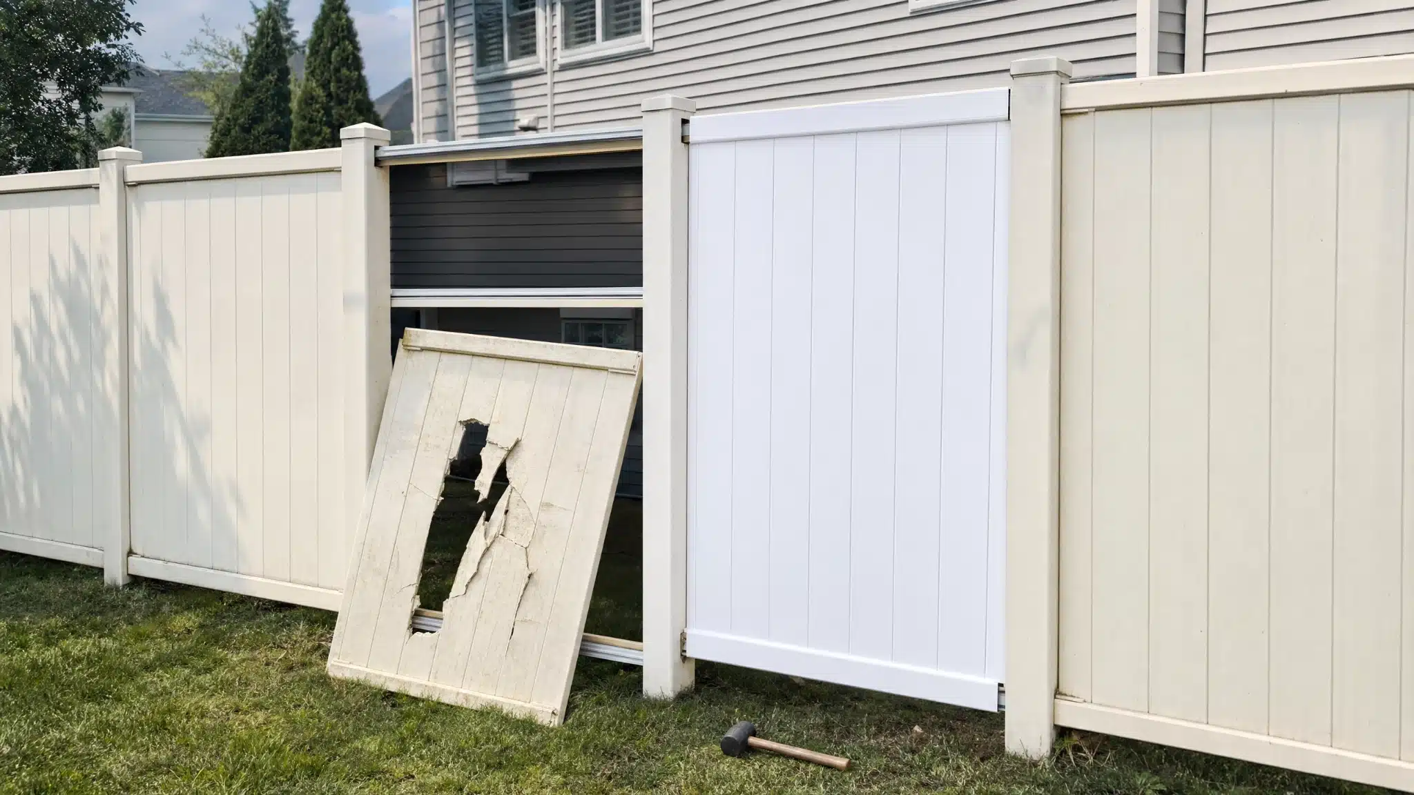Damaged white vinyl fence panel removed and ready for replacement in Glen Burnie, MD.