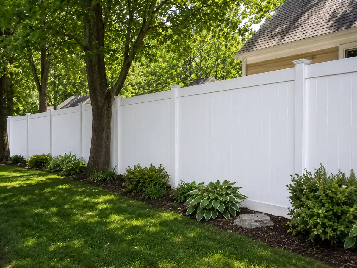 Clean white vinyl privacy fence in a sunny Maryland backyard with trees and landscaped garden bed