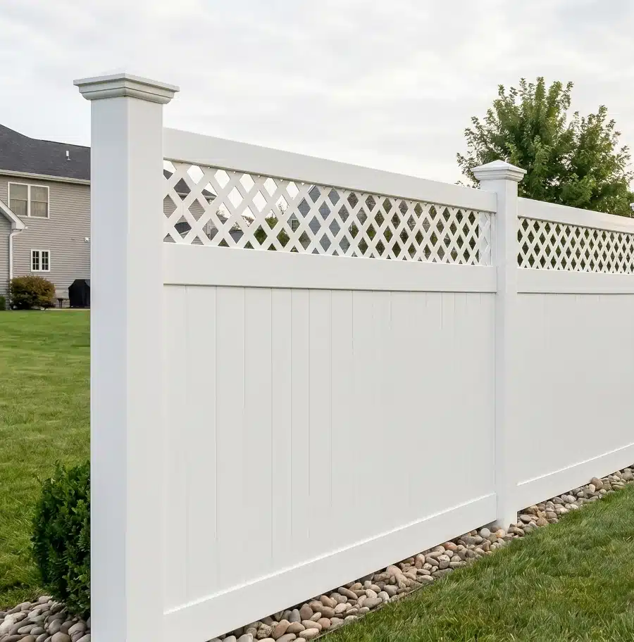 White vinyl fence with solid panels in a landscaped residential backyard