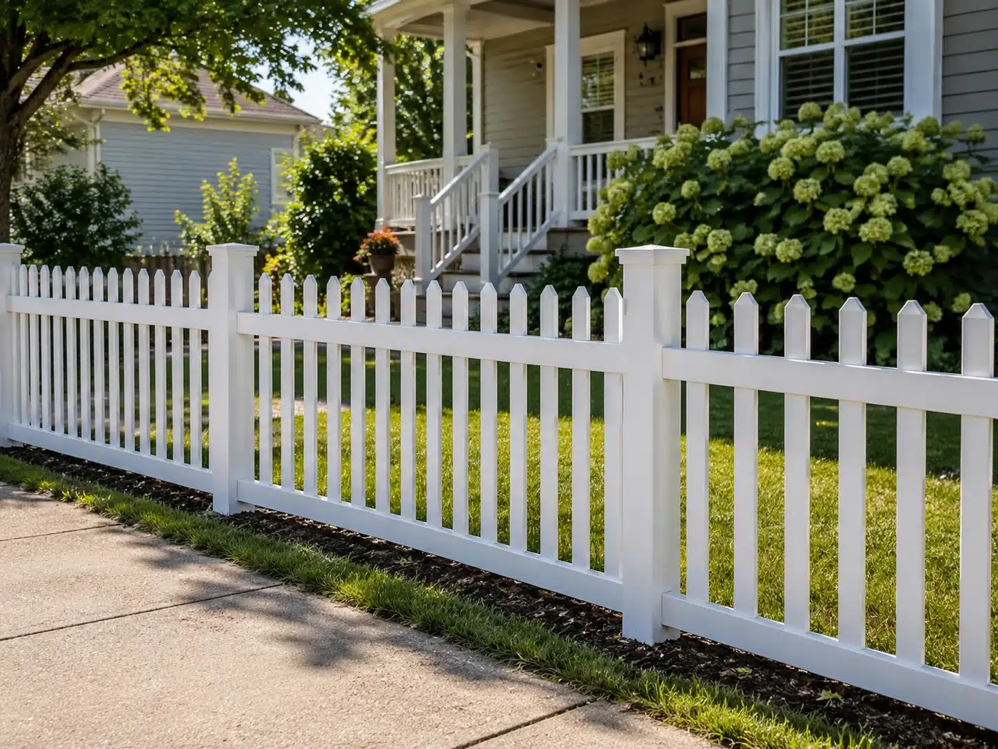 White vinyl picket fence with pointed pickets installed along a front yard sidewalk