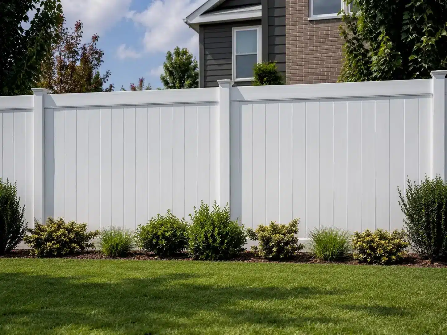 White vinyl privacy fence with full solid panels installed in a landscaped suburban backyard.