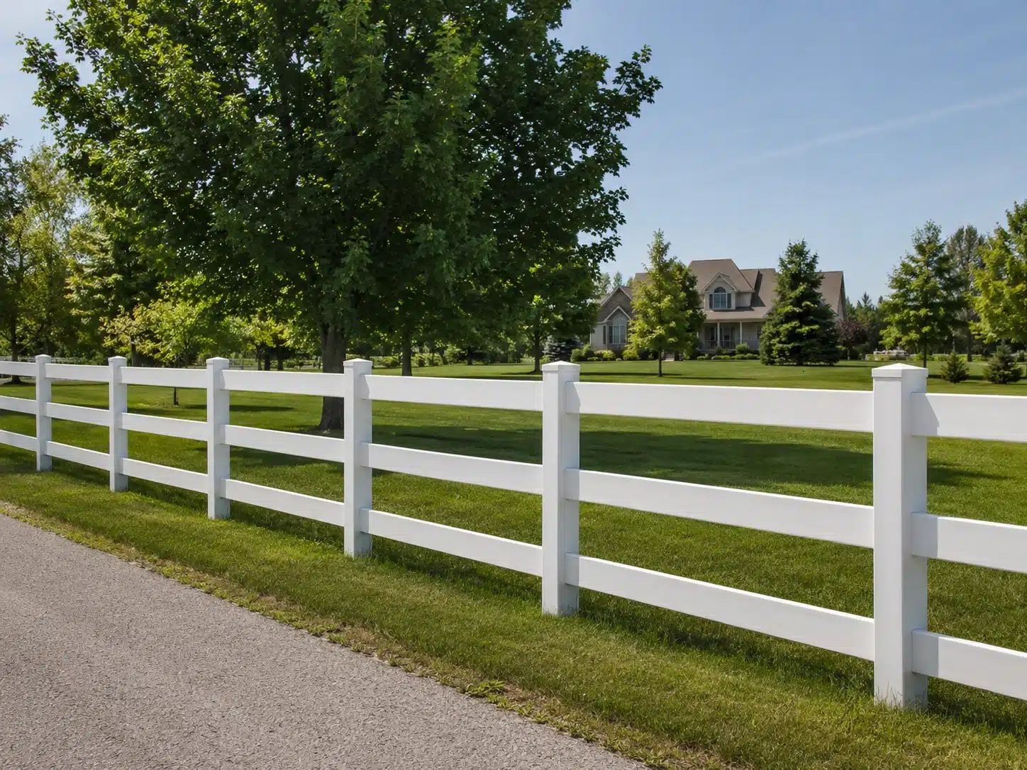 White vinyl ranch rail fence with horizontal rails bordering a large open residential property