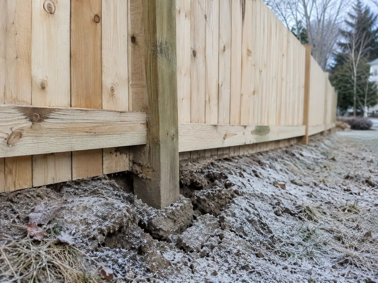 Wood fence post in Maryland with frozen, shifting soil at the base illustrating frost heave damage.