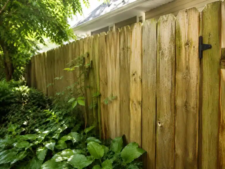Wood fence in a Maryland backyard showing moisture exposure during humid summer conditions.
