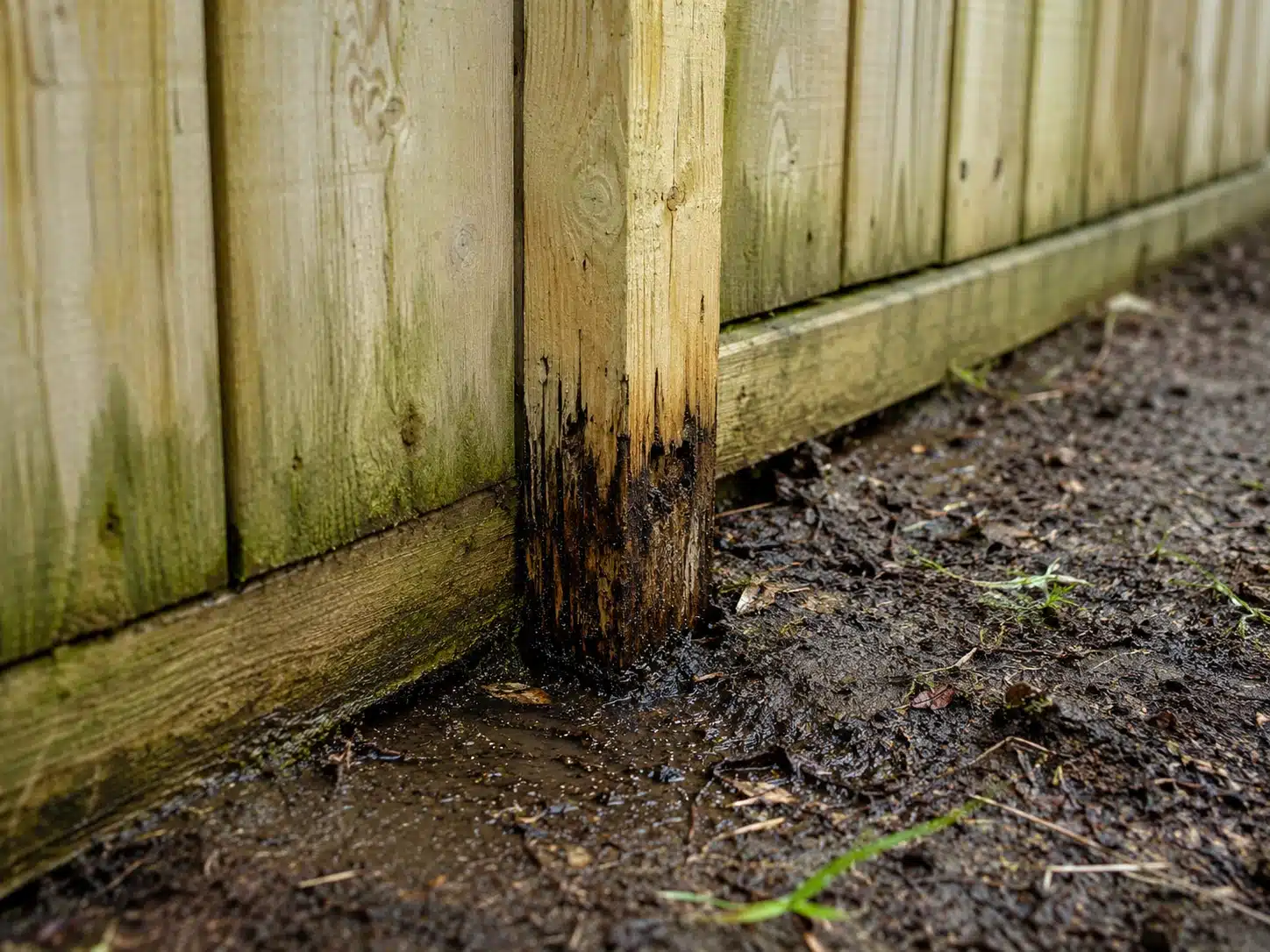 Close-up of a wooden fence post rotting at ground level in Pasadena, MD due to prolonged moisture exposure.